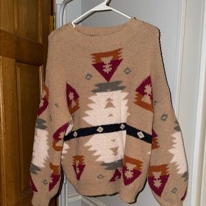 KEREN hart Geometric Sweater - Tan, Red, Cream, and Black